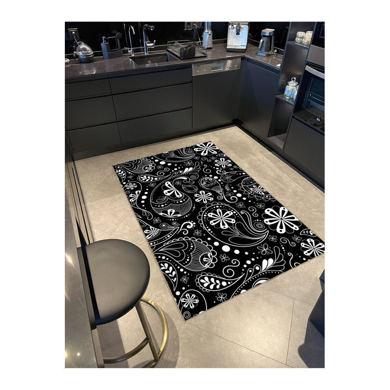 Tapis décoratif moderne à motif abstrait noir, Sous-tapis carré 3 pi 3 po inclus
