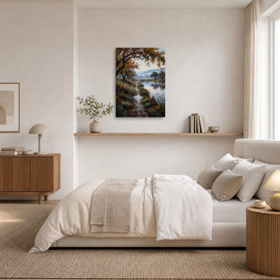 Tableau sur toile représentant des arbres d'automne encadrant un chemin de rivière brumeux