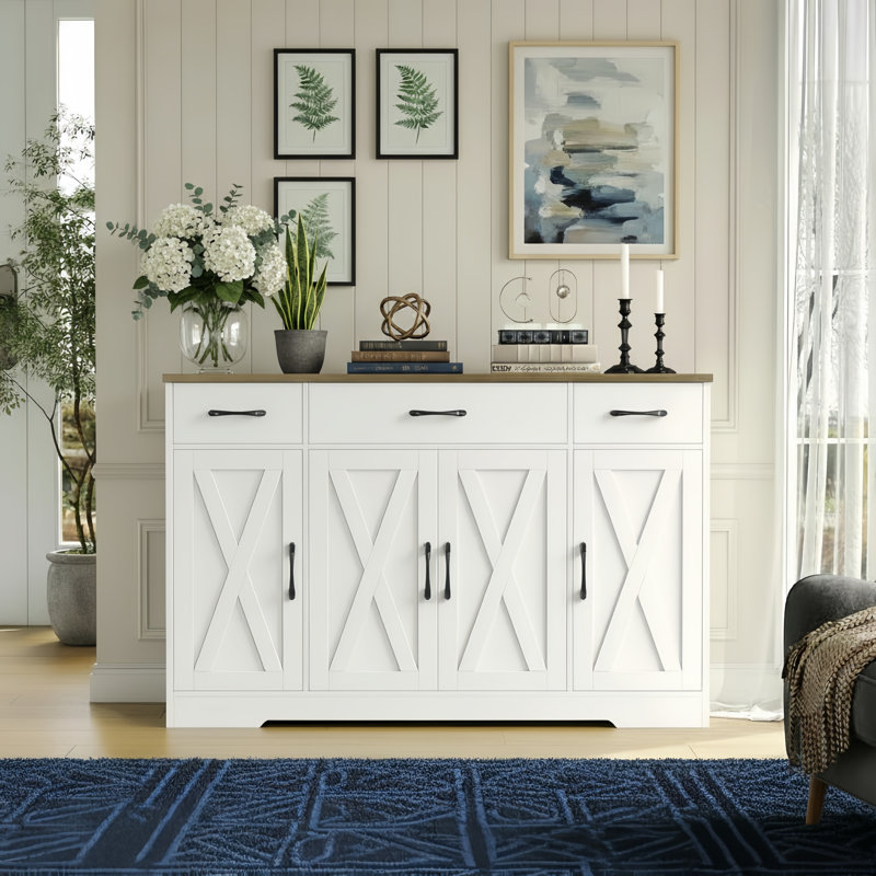 55.13-Inch Modern Farmhouse Style Sideboard With Drawers, Shelves, And Cabinet Doors, White/Country Style, Kitchen, Dining Room, Coffee Bar