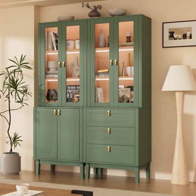 47.2" W Modular Library Bookcase with Glass Doors, Integrated LED Lighting, Brass-Colored Hardware & Genuine Leather Loop Pulls, Large Sage Green Wall Unit with Drawers and Storage Cabinets