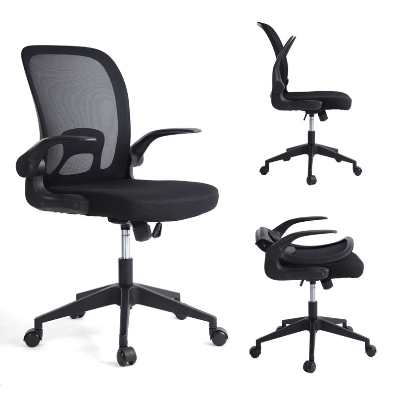 Chaise de bureau ergonomique pliable en filet à dossier moyen avec accoudoirs réglables pour économiser de l'espace, Noir