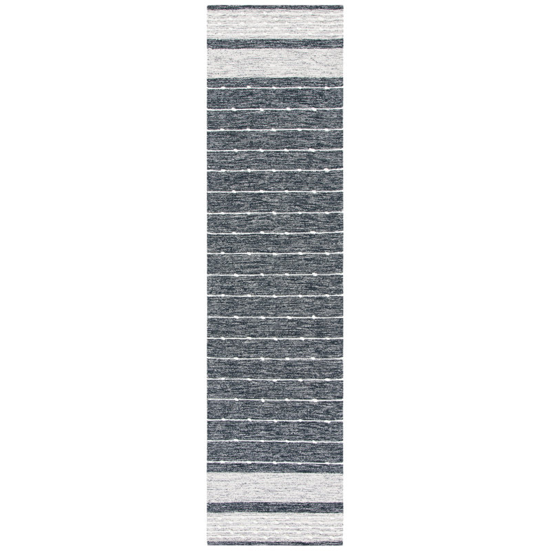 Tapis rayé en coton / laine tissé à la main en noir / blanc Henneman, Tapis de couloir 2 pi 3 po x 9 pi