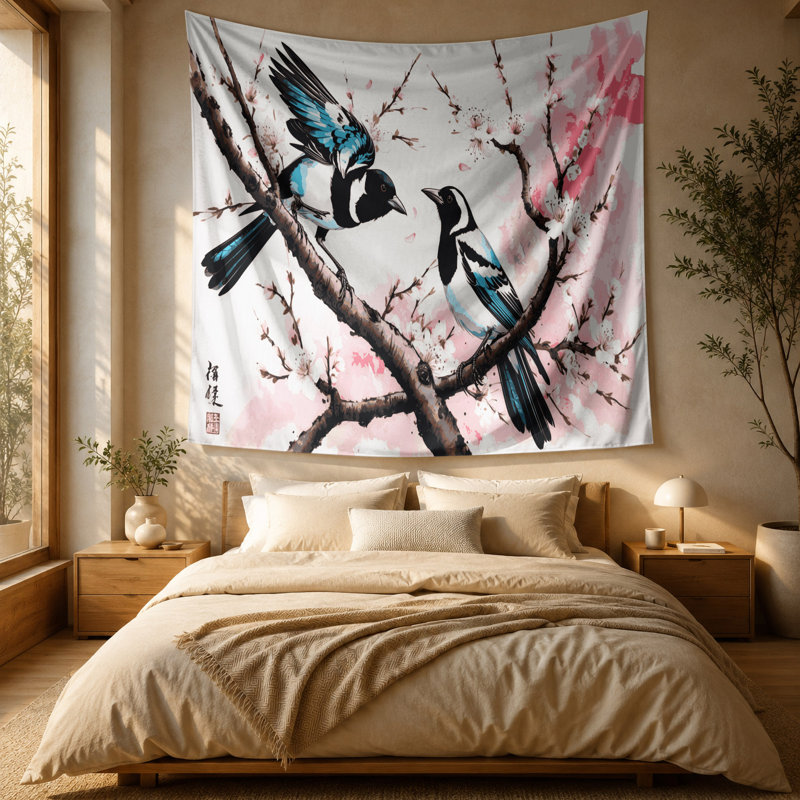 Tapisserie murale oiseaux et pie, 51 po x 60 po