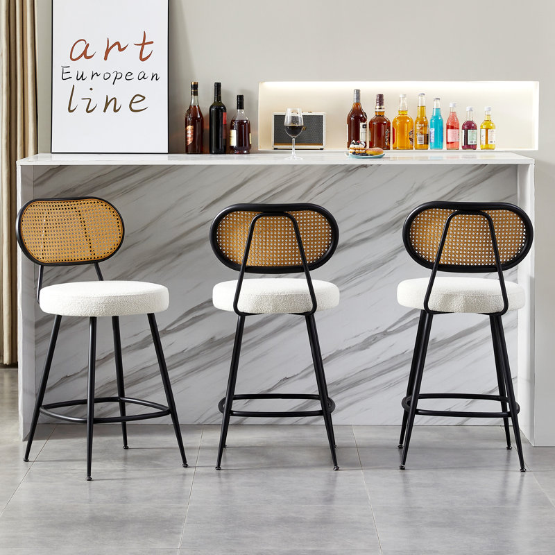 Counter Stool With Rattan Back, Beige, 3