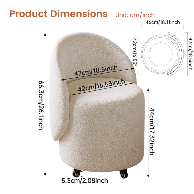 Cream White Vanity Stool With Backrest And Smooth-rolling Wheels For Easy Mobility