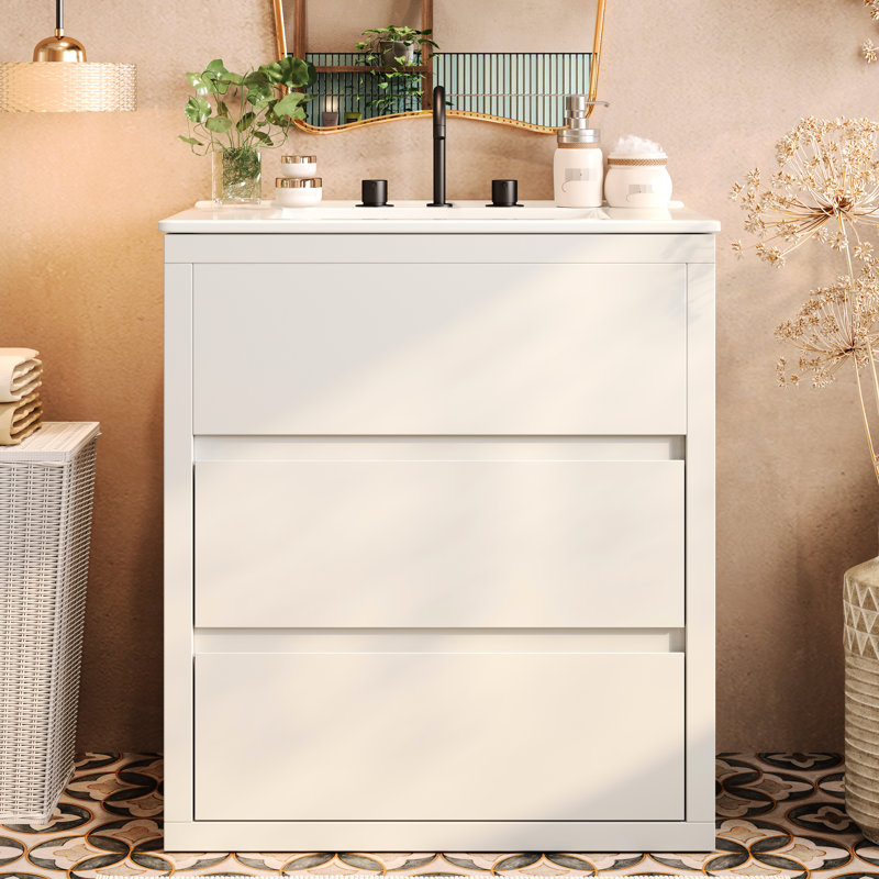 Meuble-lavabo de luxe 30 po avec trous de robinet pré-percés de 8 po dans un lavabo en céramique, système de tiroir à fermeture en douceur et meuble-lavabo, conception américaine, comptoir à 2 tiroirs lustrés, cadre blanc