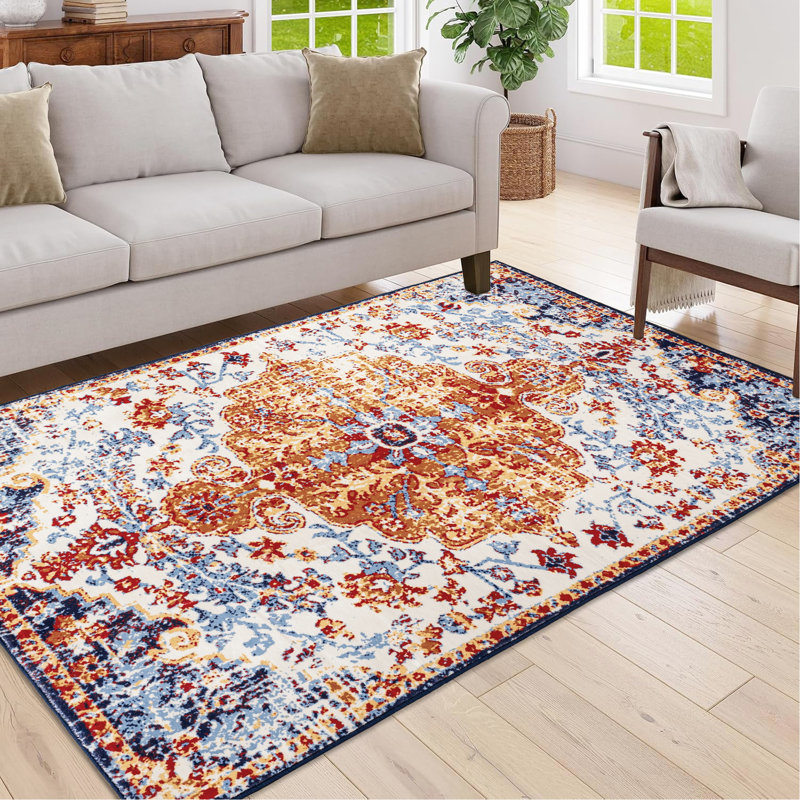 5x7 Area Rug Vintage Theme, Washable Non-slip Amber With Floral Elemented For Bedroom, Living Room Large Bohemian, Room, Bedroom