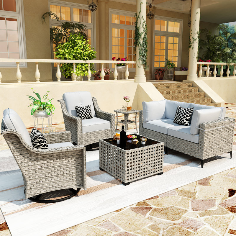 Ensemble de conversation modulaire en osier avec coussins 6 pièces Emroy, Non, Gris clair