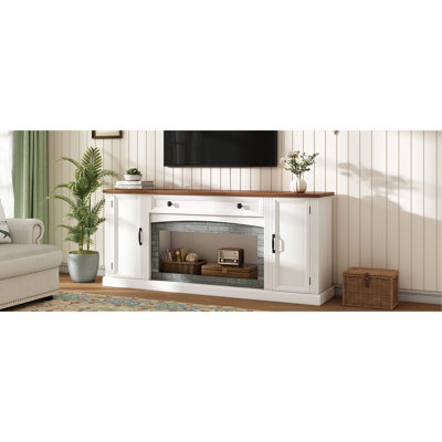 Élégant buffet avec surface en noyer riche, finition brique grise, tiroir, rangement et gestion des câbles pour l'aménagement du salon, décorations de meuble télé blanc élégant, tablettes, organisation de téléviseurs de 70 po