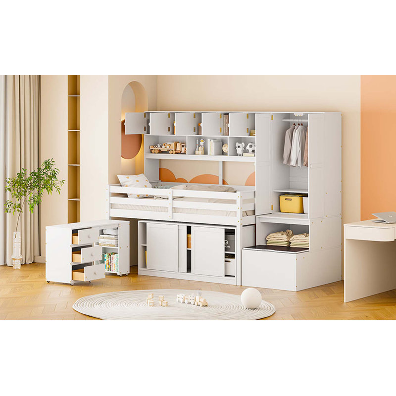 Grand lit mezzanine en bois avec rangement sous le lit, avec tiroirs et tablettes, Lit simple, Blanc