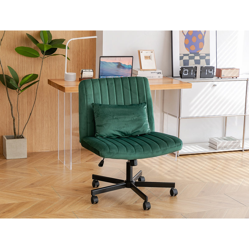 Green Velvet Criss Cross Armless Office Chair With Wheels - Versatile For Home Office, Meditation & Makeup