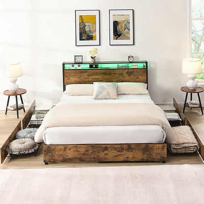 Full Bed Frame, Storage Headboard with Charging Station, Solid and Stable, Noise Free