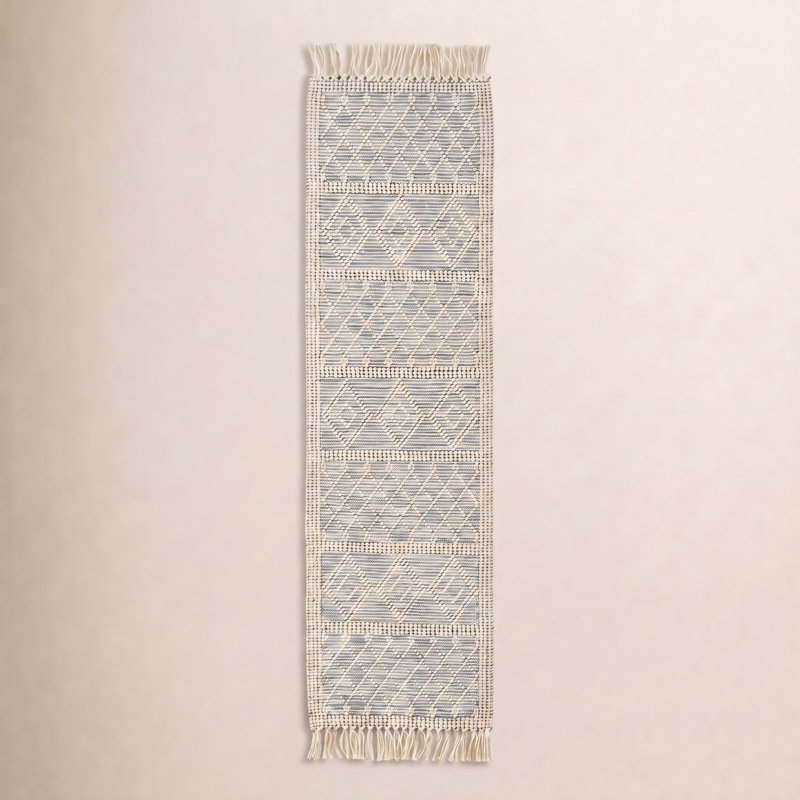 Beige Light Blue Hand-Woven Geometric Rug, Runner 2'3" x 8'