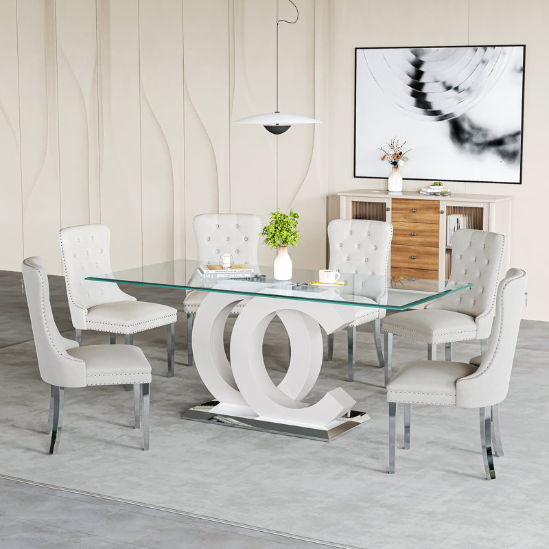 Dining Set, White, White/Silver, 7 Pieces: Table, 6 Chairs