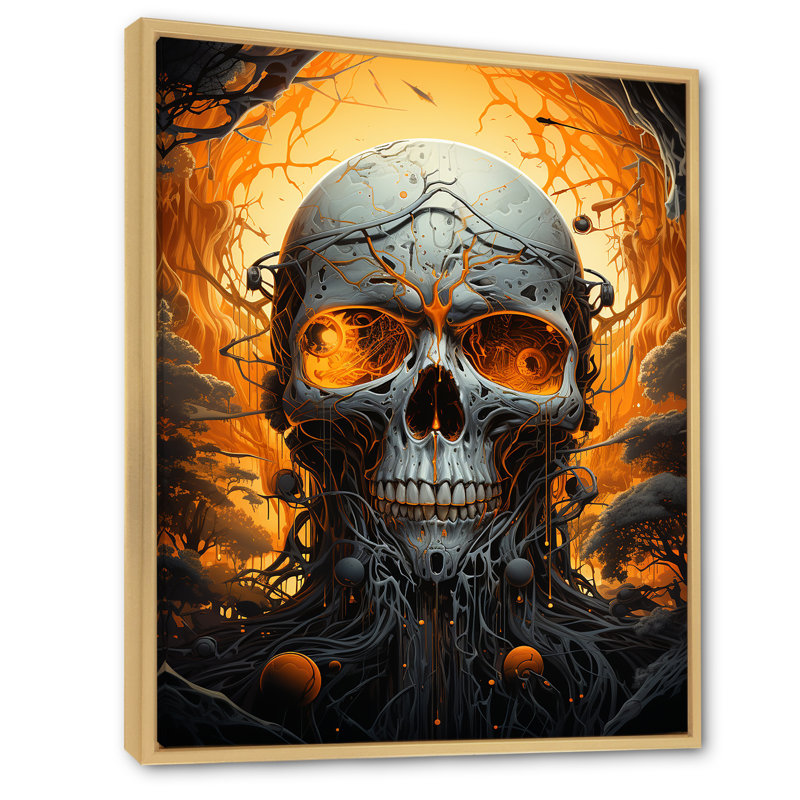 Tête de mort souriante pleine lune d'Halloween - impression, Cadre naturel flottant, H 32 po x l 16 po x P 1 po