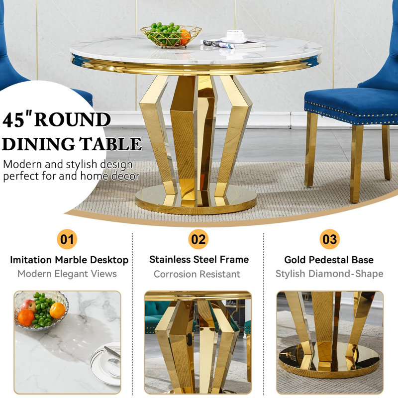 Ensemble de salle à manger ronde de luxe pour 4 personnes, table de cuisine 5 pièces en faux marbre et chaises rembourrées en velours, piètement en diamant doré
