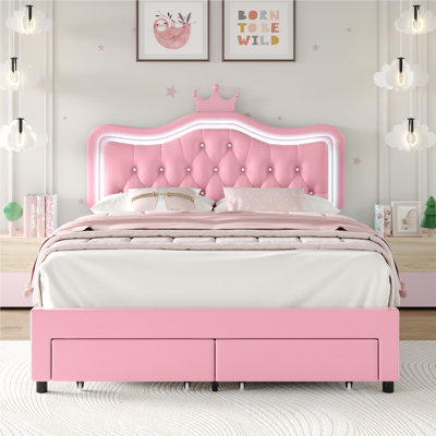 Lit plateforme tapissier en cuir Largent avec lumières DEL et tête de lit couronne blanc / rose