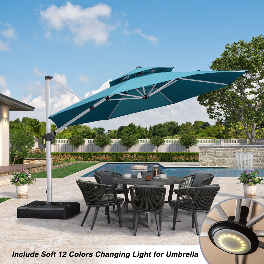 12 Feet Outdoor Double Top Round Deluxe Lighted Cantilever Umbrella With Base Arlmont & Co. Fabric 