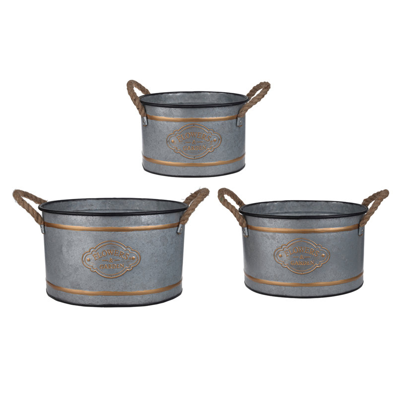 Pots décoratifs en métal style chalet avec poignées en corde et finition galvanisée