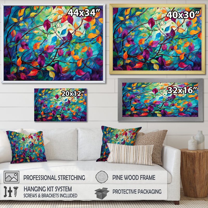 Multicolor Vibrant Vines I - Abstract Botanicals, art mural, H 12 po x l 20 po x P 1 po, Cadre flottant blanc