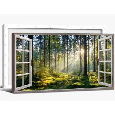 Nature Artwork Wall Decor, Open Window Style Forest Painting Prints, Sunlit Woodland Scene Canvas Decor, Scenic Landscape Pictures for Living Rooms a