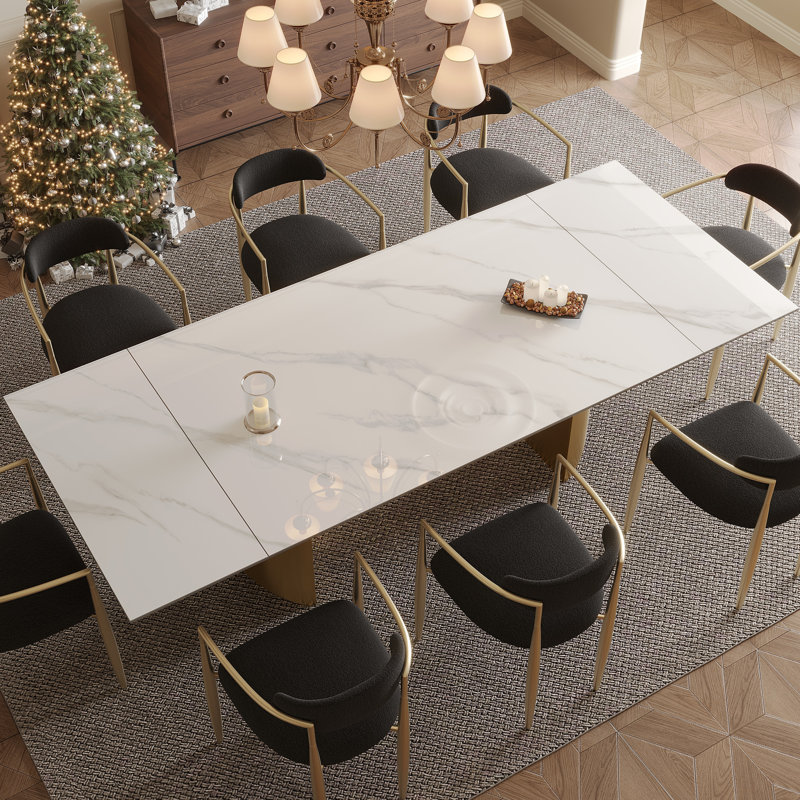 Modern 63" To 94.48" Extendable Sintered Stone Dining Table With Metal Legs , Seats 8-10, Snowy Mountain White, Gold