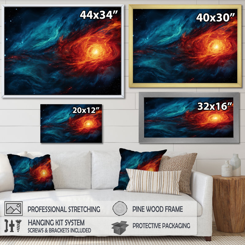 Bleu et orange, nébuleuse cosmique I - art mural de la planète espace, Cadre doré à coins fermés, H 16 po x l 32 po x P 1 po