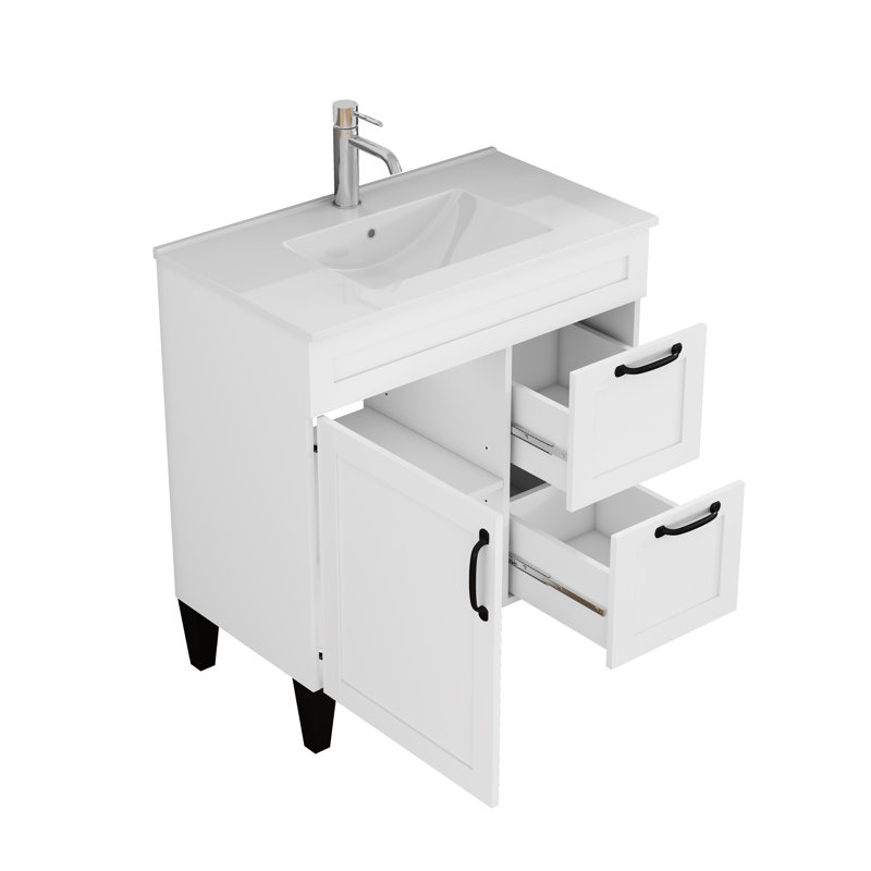 Ensemble de meuble-lavabo 1 pièce 31,5 pouces, armoire 1 2, panneau de particules blanc avec lavabo en céramique