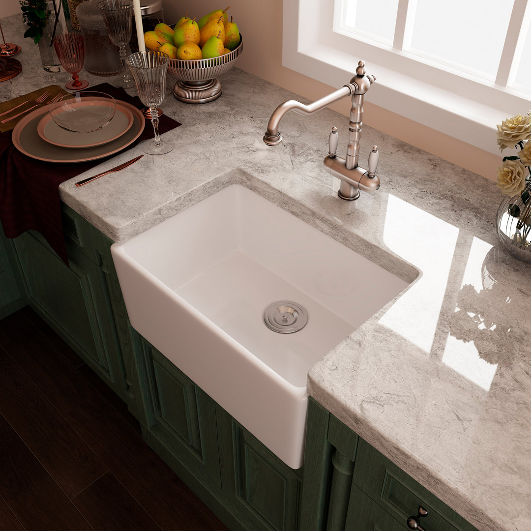Oslo 23.8" L x 16" W Ceramic Farmhouse Kitchen Sink with Basket Strainer and Bottom Grid Eridanus
