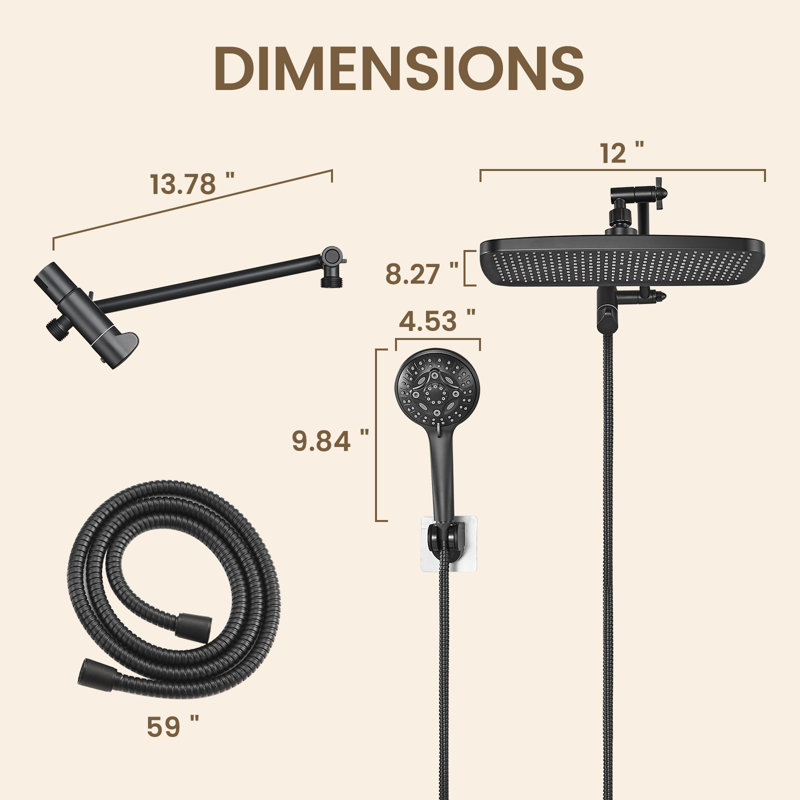 Pomme de douche à pluie double 12 pouces avec bras d'extension et douchette multifonction 8-Spary Noir mat, Noir mat
