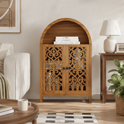 Hand-Carved Arched Cabinet, Solid Wood Storage Cabinet With Open Shelf & 2 Doors, Tall Narrow Accent Cabinet For Living Room, Bedroom, Entryway