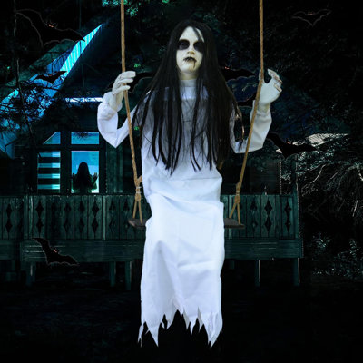 Décorations d'Halloween PARTYGEARS : Fille suspendue se balançant sur une balançoire, expression effrayante, décoration fantomatique pour l'intérieur et l'extérieur, jardin, porche, fête et maison hantée