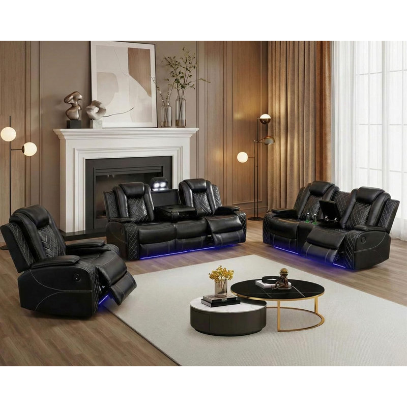 Ensemble de canapé inclinable 3 pièces en cuir noir