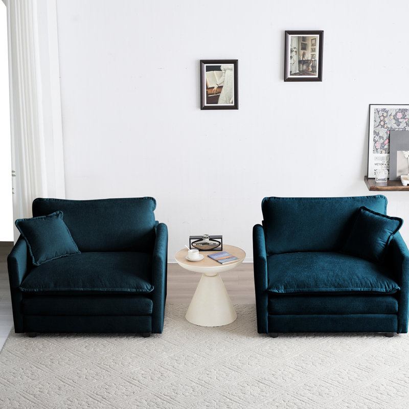 Duo de chaises d'appoint en chenille haute, fauteuils bleus pour le salon, avec coussin décoratif et structure en bois massif, éponge rembourrée de qualité 2 en chenille, tissu, améliore l'espace