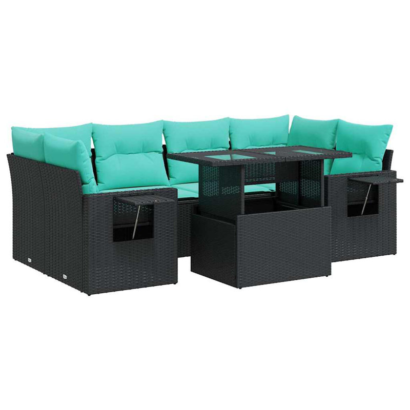  Ensemble de canapé de patio 7 pièces avec coussins en rotin polyacacia, Vert, Brun