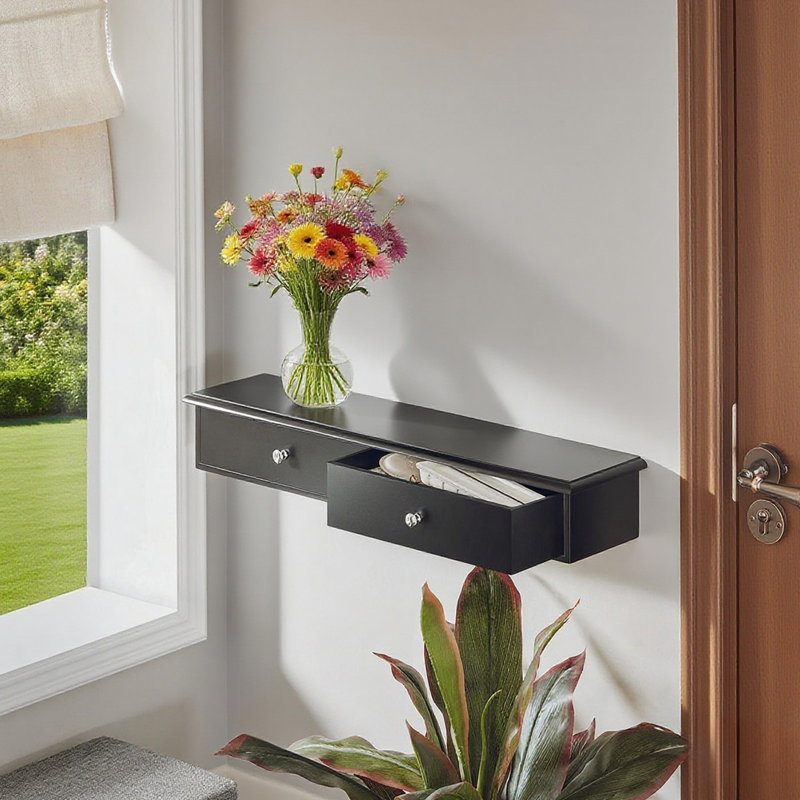 Lamartine Floating Shelf with Drawer, Black