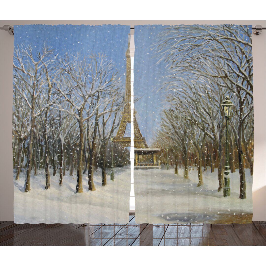 Rustikaler Vorhang, Snowy Paris Blick auf die Stadt, Winter, Blau grau Weiß Grau