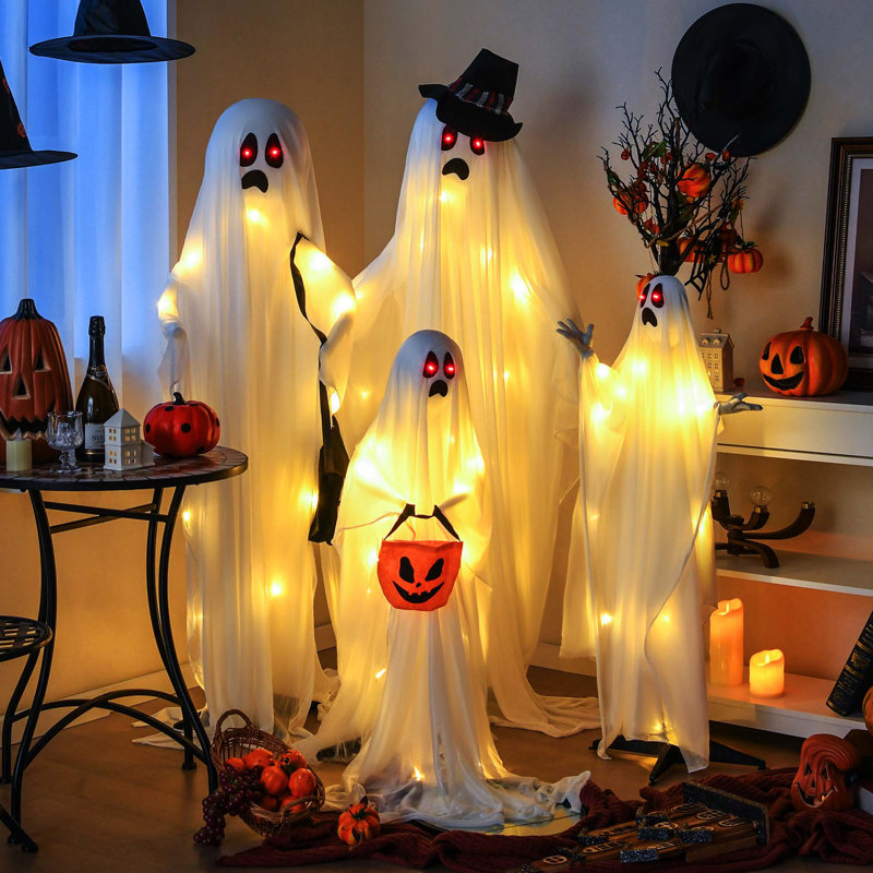 Ensemble de 4 fantômes d'Halloween en tissu blanc avec lumières rouges et blanches