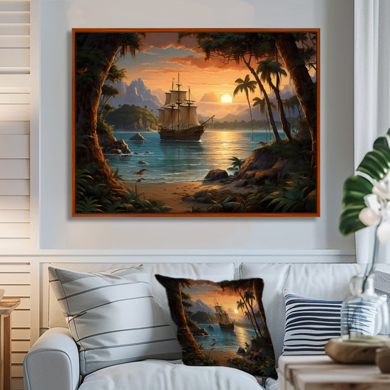 Pirate Boat Lost Isles - Pirate, reproduction d'art sur toile encadrée, H 12 po x l 20 po x P 1 po, Cadre flottant brun