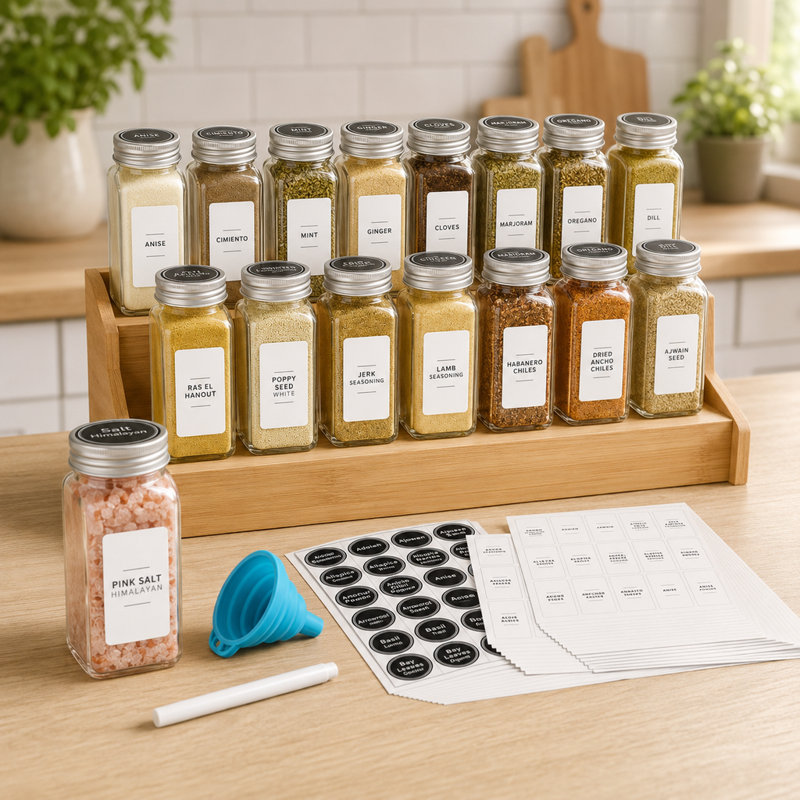 24 Pack 4oz Empty Glass Spice Jars with Labels, Minimalist Farmhouse Stickers & Funnel, Seasoning Containers for Rack, Cabinet & Drawer