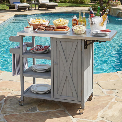 Îlot de cuisine pliable pour l'extérieur avec roulettes verrouillables, armoire de rangement et porte-serviettes pour l'extérieur et le patio, gris