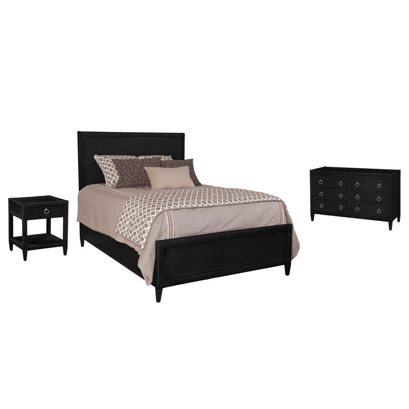 Naples Platform 3 Piece Bedroom Set, Queen, Black, 5 Pcs. Bed, Nightstand, 2 Dressers, Mirror