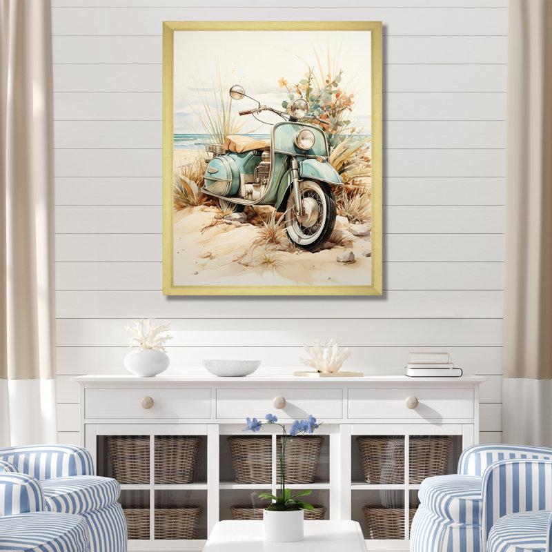 Motocyclette bleue sur la plage - décoration murale plage, Cadre photo doré simple, H 44 po x l 34 po x P 1,5 po