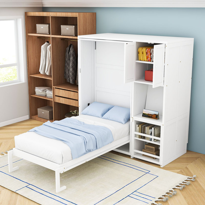 Lit escamotable simple en bois avec bureau et étagères, Blanc