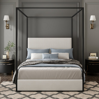 Modern Luxury Metal Canopy Bed With Tall Corduroy Upholstered Headboard And Four Poster, No Box Spring Needed