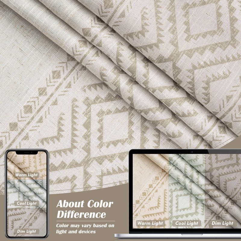 Boho Linen Blend Blackout Curtains Farmhouse Vintage Geo Retro Square Printed Pattern  Drapes Rod Pocket Back Tab 2 Panels