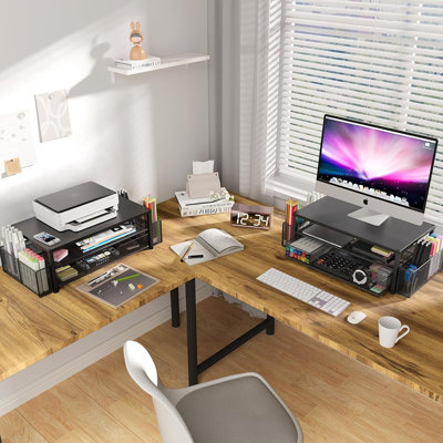 Desk Organizer And Accessories, 2-tier Computer Monitor Stand Riser With Drawer And 2 Pen Holders