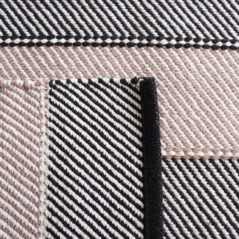 Boho-Chic Ivory and Black Striped Kilim 5'x8' Wool-Cotton Rug