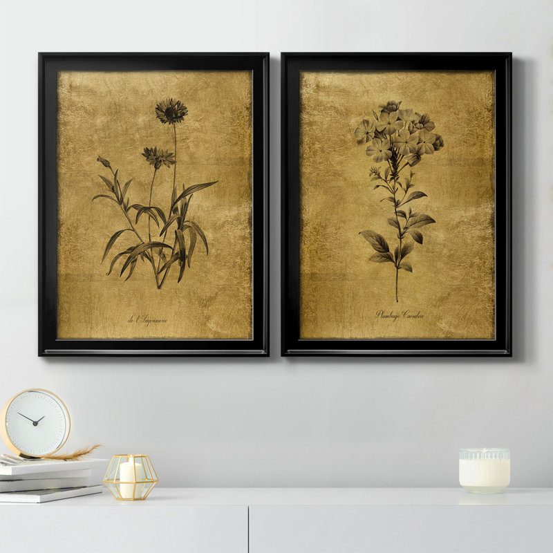 Croquis d'or Botanique I - Ensemble de 2 peintures sur toiles, H 22,5 po x l 61 po, Toile encadrée, Gold