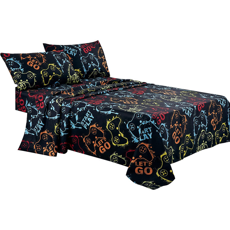 Fun Kids Teens Microfiber Sheet Set, Black Gamepad, Twin XL Sheet Set with 1 Pillowcase